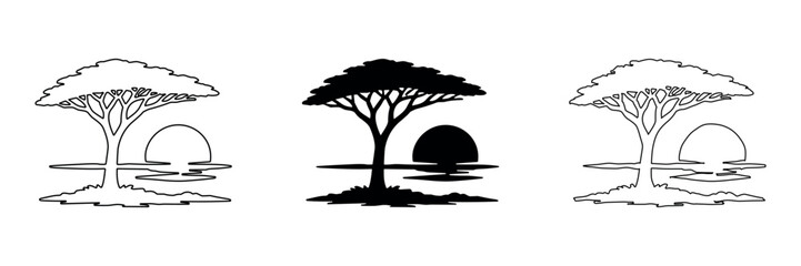 Iconic acacia tree silhouette at sunset reflected in water, diverse styles © Ophelia