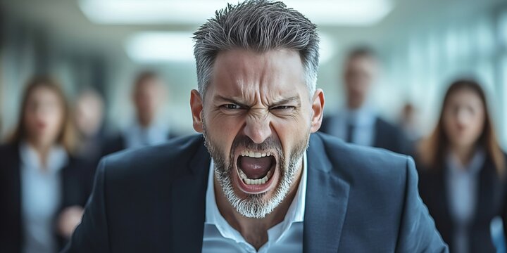 Aggressive Male Corporate Manager Yelling at Employees in a Hostile Office Environment Setting
