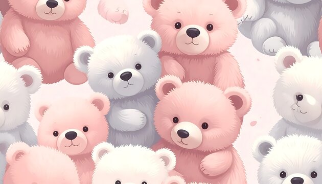 Cute watercolor teddy bear seamless pattern in pastel pink and grey colors.