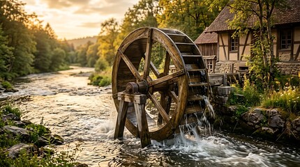Fototapeta premium Old wooden water wheel spinning in a forest river at sunset