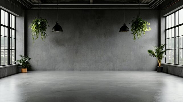 Empty loft space with exposed concrete walls, large windows, and hanging plants