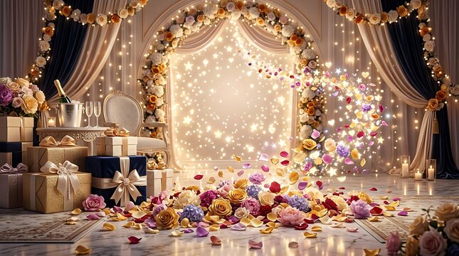 Luxurious happy birthday celebration gifts champagne and floral decorations