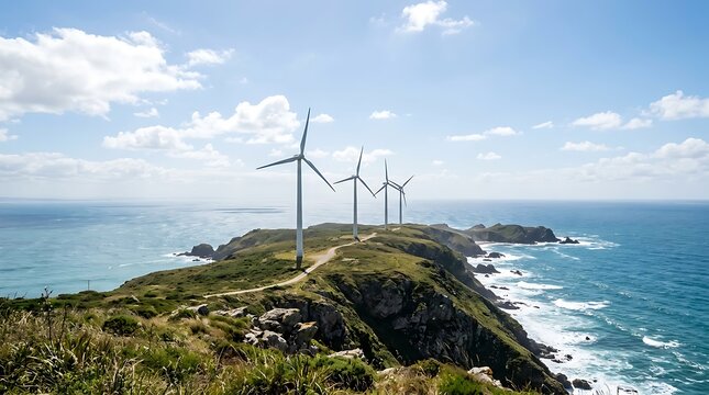 Wind turbines on a scenic coastal cliff under a bright blue sky