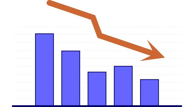 Business decrease bar chart and line graph with downward arrow, flat vector illustration of financial loss, bankruptcy or economic crisis

