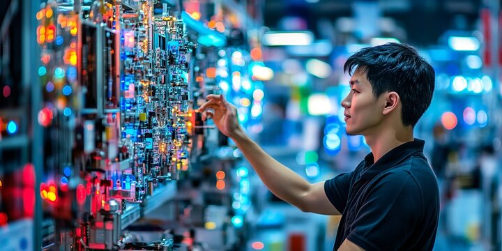 Professional Engineer Working on Advanced Circuitry and Complex Technology Systems in Modern Factory