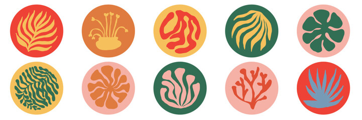 Decorative organic shape collection displayed inside colorful circular badges with floral and leafy motifs. Minimal abstract icons bring a cheerful modern style to branding packaging and social media. © Svitlana Tolmach 