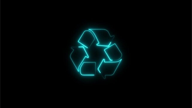 Neon glowing recycle symbol animation on black background