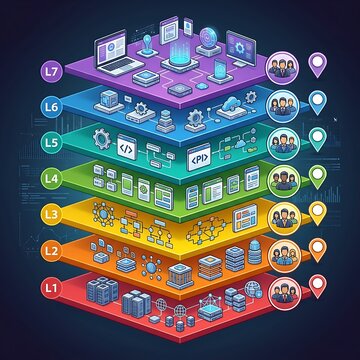 Isometric diagram of a seven level technology network stack