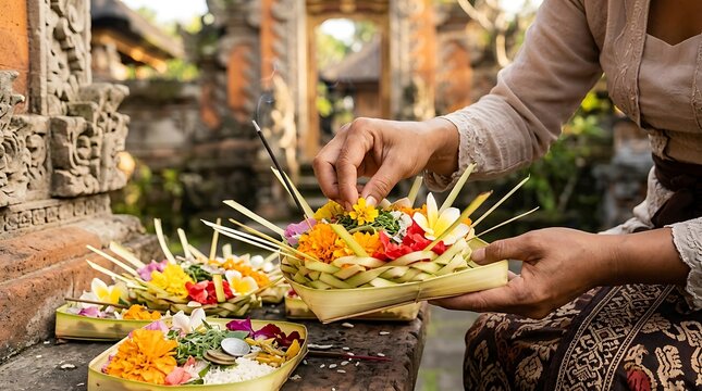 Balinese woman preparing traditional canang sari flower offerings