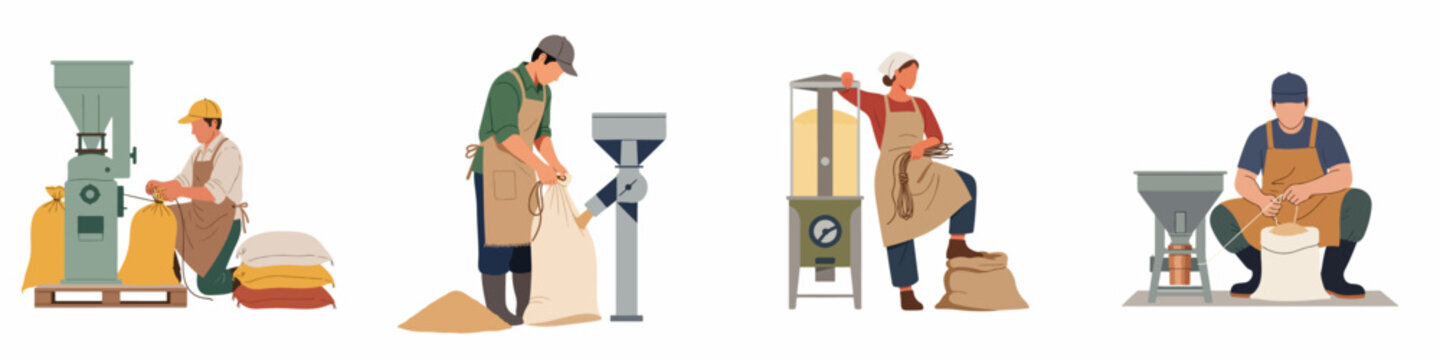 Set of agricultural workers processing grain, operating milling machines, and packaging harvest into sacks, vector flat design illustrations isolated on white.