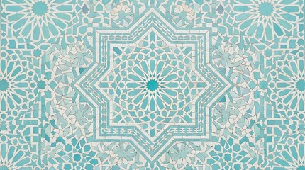Intricate turquoise and white geometric mosaic tile pattern