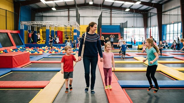 Mother walks with her two children through a vibrant indoor trampoline park filled with colorful foam pits and trampolines