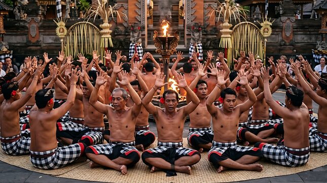 Traditional balinese kecak fire dance performance in a temple