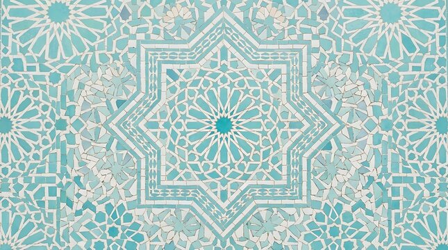 Intricate turquoise and white geometric mosaic tile pattern