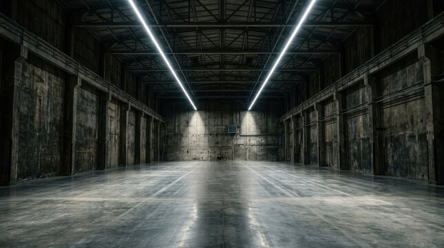 Empty industrial warehouse interior with concrete walls and long linear overhead led lighting
