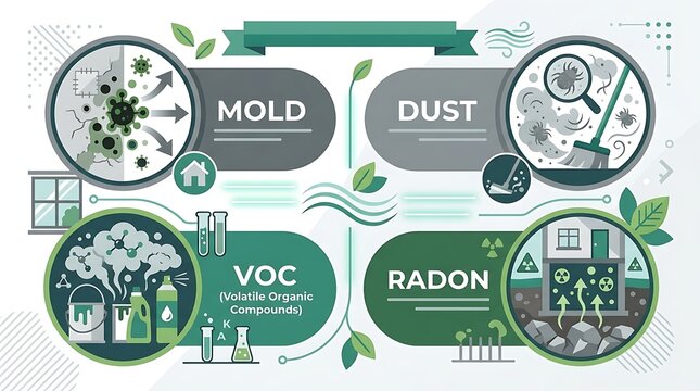 Common indoor air pollutants infographic with mold dust voc and radon