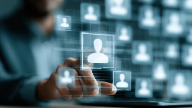 A person interacts with a digital interface displaying multiple user profile icons, symbolizing online networking or digital communication.