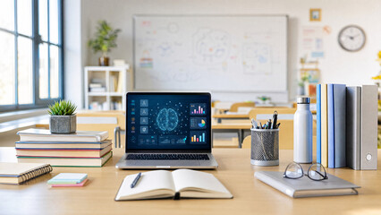 Fototapeta premium Creative study desk with school supplies and stationery in bright modern workspace