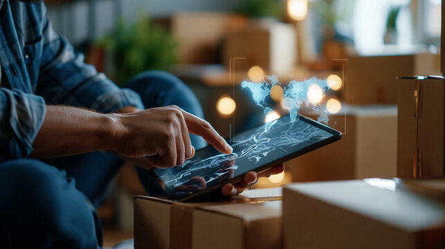 Faceless person sitting on the floor beside moving boxes using a tablet to check a delivery route on a bright glowing map relocation logistics planning with copy space