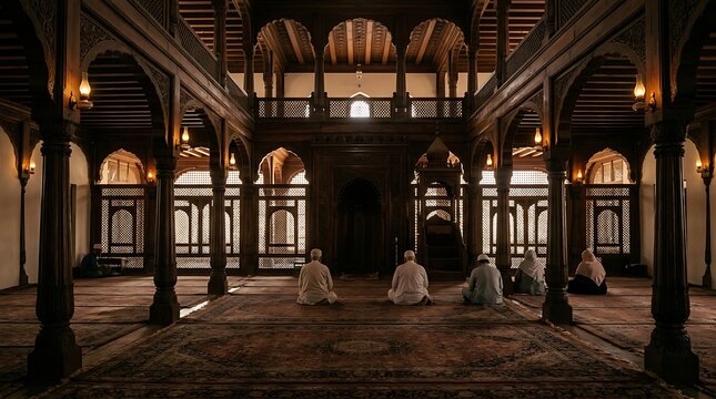 Muslim worshippers praying inside a traditional wooden mosque