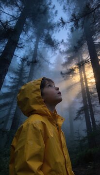 Young boy in yellow raincoat looking up at sun rays in misty pine forest