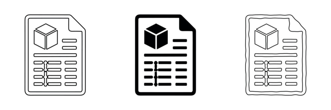 Three icons representing a document with a cube and data table
