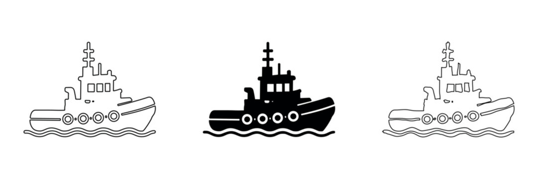 Set of three tugboat icons in different styles on a white background