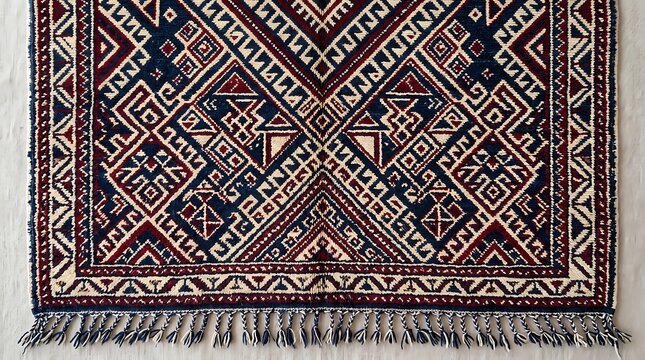 Traditional geometric patterned rug with navy and red weave