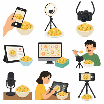 Vector illustration set of food content creation featuring fried rice. Scenes include smartphone photography, DSLR filming with ring lights, mukbang vlogging, photo editing, and podcasting tools.