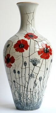 Elegant Ceramic Vase Featuring Crackled Textured Surface With Beautiful Hand Painted Poppy Details.
