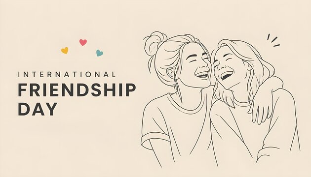 International Friendship Day Minimalist Line Art Banner with Two Best Friends Laughing