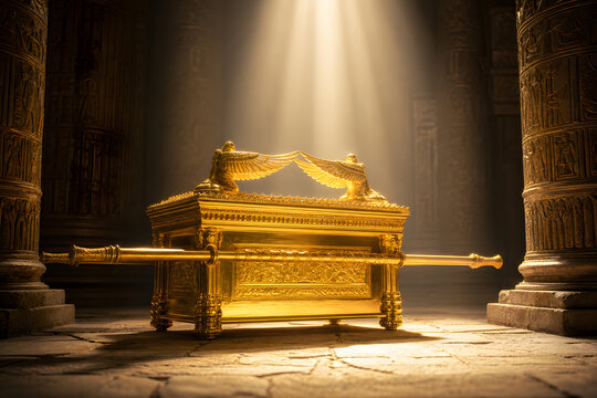 The Golden Ark of the Covenant, illuminated by a sacred light, rests in an ancient temple. A powerful biblical artifact