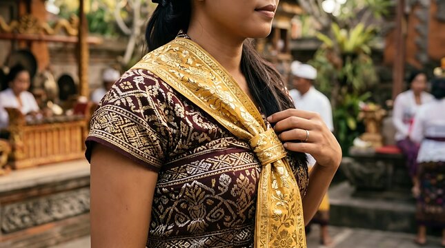 Woman wearing traditional balinese dress with golden sash at temple