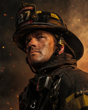 Dramatic portrait of a firefighter wearing a soot covered helmet and turnout gear in smoky orange firelight with ash on his face showing courage exhaustion and emergency service resolve