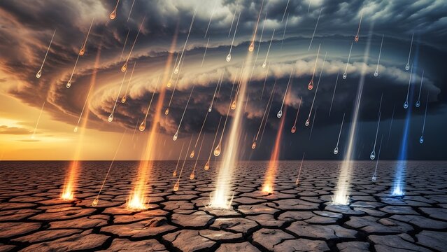 Surreal storm landscape with glowing rain streaks falling onto dry parched cracked