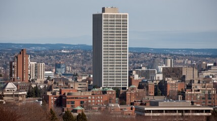 Naklejka premium Aerial View of Urban Landscape Featuring Modern Skyscraper, Historic Buildings, and Cityscape with Distant Mountains on a Clear Day