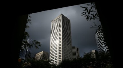 Fototapeta premium Dramatic Skyline with Dark Clouds Surrounding Modern Skyscrapers in Urban Environment Showcasing Architectural Design and Nature Interaction
