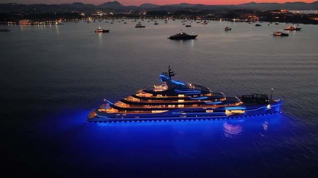 Luxury Superyacht Deep Blue Illuminated at Night in Corfu Greece - Aerial View of Mega Yacht with Blue LED Underwater Lights Anchored in Mediterranean Sea at Dusk