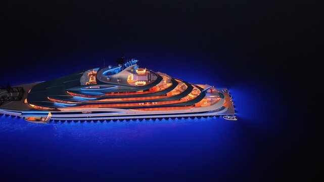 Top-Down Overhead Aerial View of Luxury Superyacht MY Deep Blue at Night Corfu Greece - Drone Shot of Premium Mega Yacht with Neon Lights in Ocean