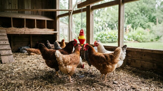 Group of brown chickens feeding inside a rustic wooden coop.