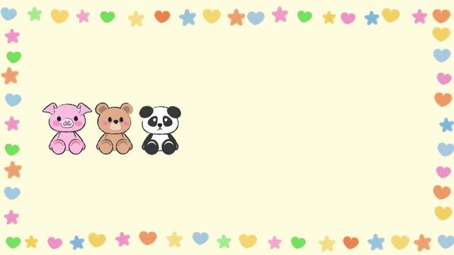 Adorable cute kawaii cartoon of sweet whimsical baby animal faces characters animated popped one by one with yellow background with floating stars seamless pattern looping animation. Motion graphics