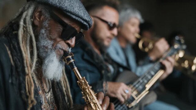 Elderly man with dreadlocks playing the saxophone in a jazz band during a rehearsal
