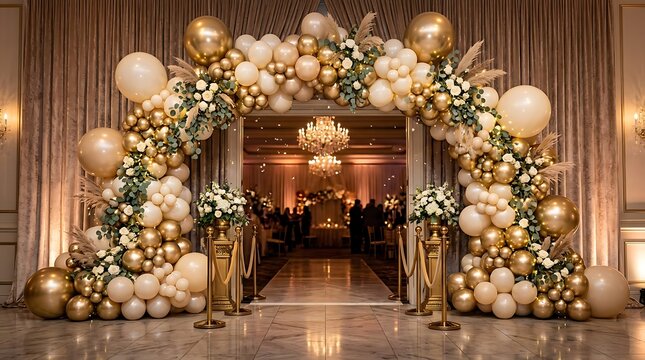 Elegant gold and white balloon arch for happy birthday celebration decor