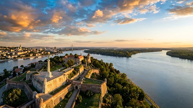 Aerial view of an ancient fortress at sunset overlooking a river