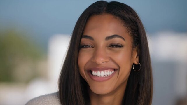 Young mixed race woman with straight dark hair smiling outdoors in soft daylight with blurred urban background Concept of natural beauty