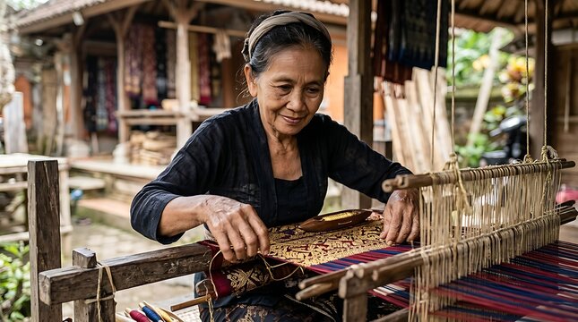 Senior woman weaving intricate traditional textile on a wooden loom