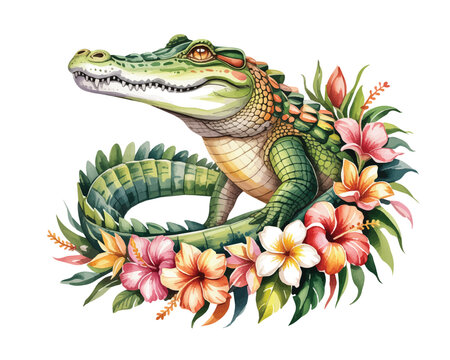 watercolor Nile Crocodile with flower vector illustration isolated on white background