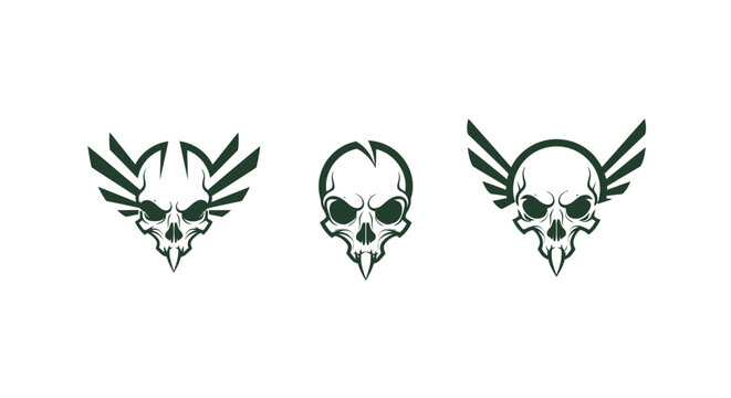 Three Skull Logos with Wings and Crown Design.
