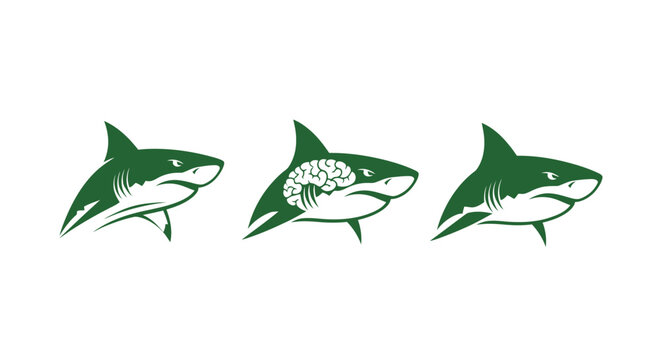 Three green shark illustrations with sharp teeth and fins.