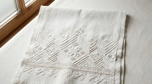 White handcrafted embroidered linen textile on a bed near a window